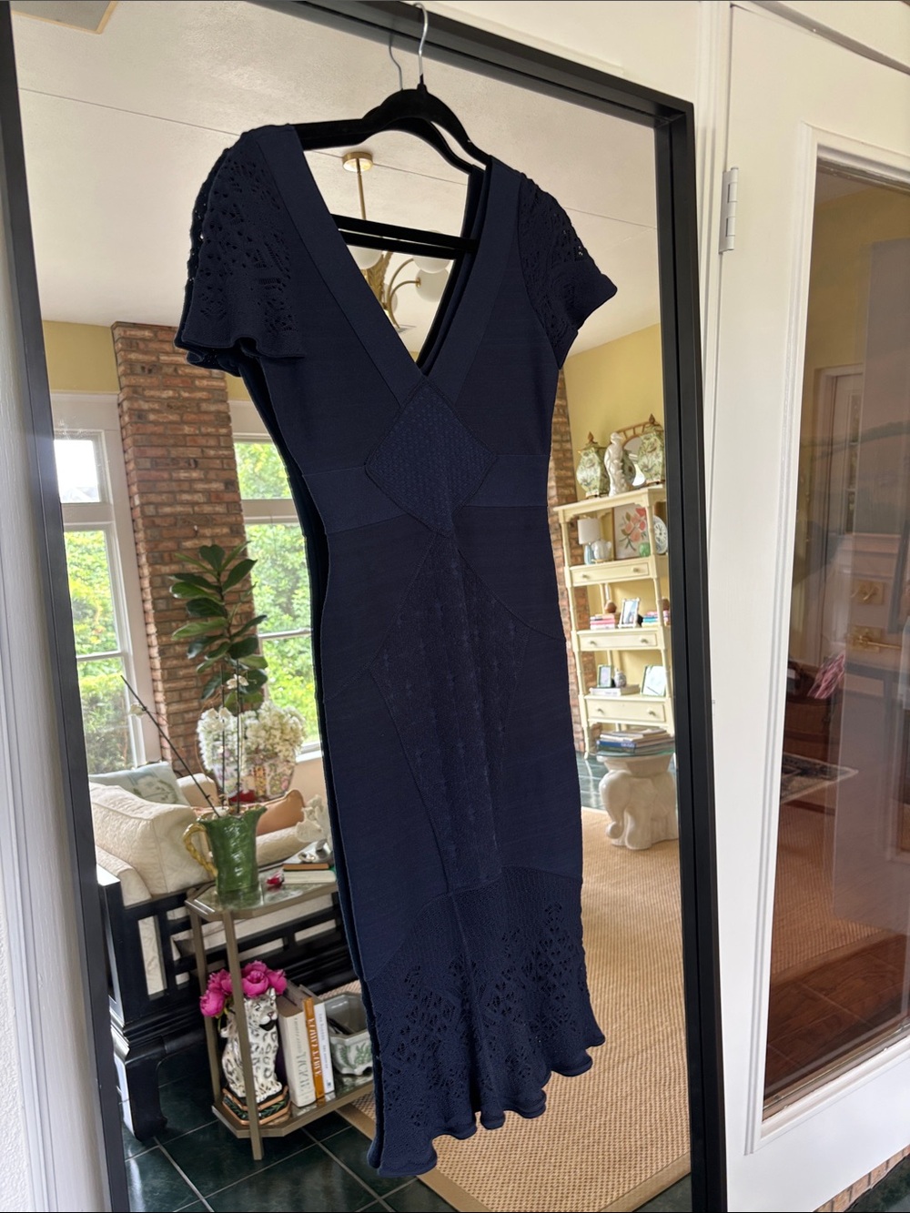 Zac Posen Navy Blue V-Neck Midi Dress